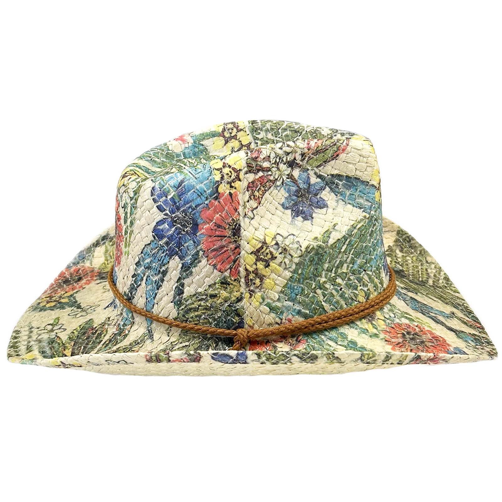 Floral Print Straw Western Hat with Chin Cord - Rockmount