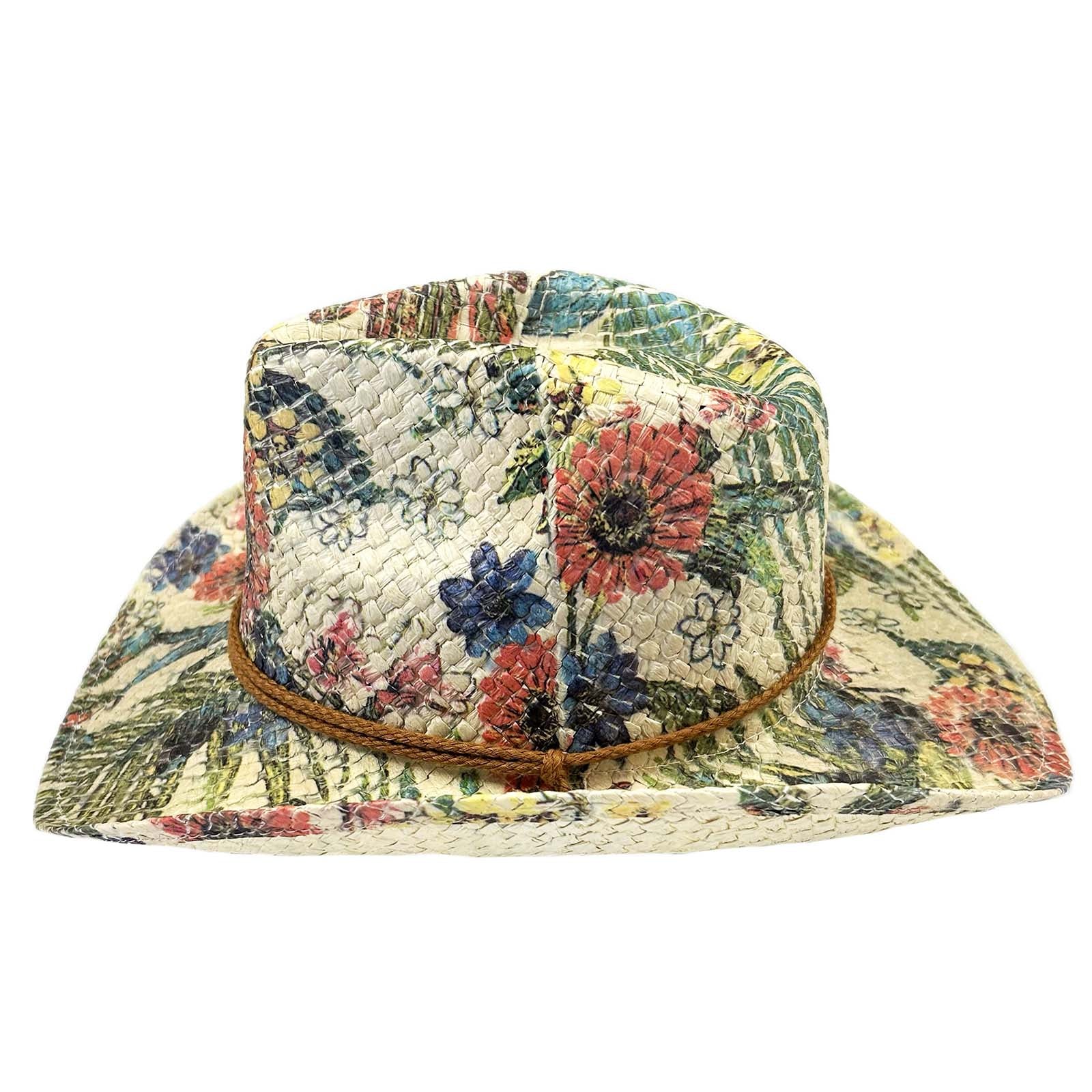 Floral Print Straw Western Hat with Chin Cord - Rockmount