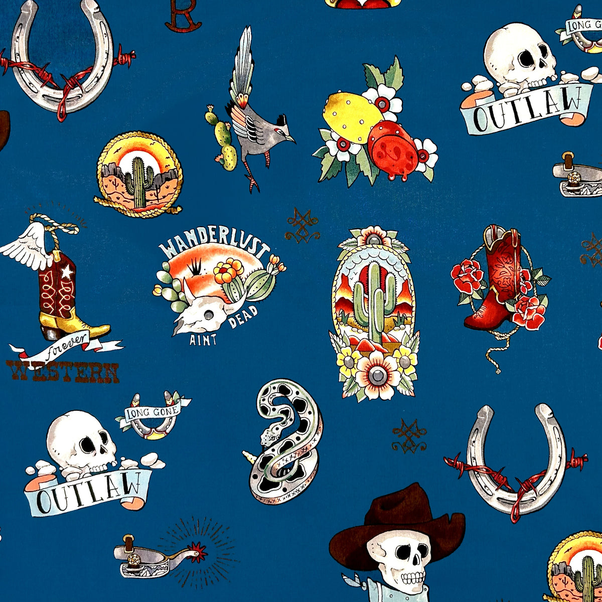 Cowboy Skulls Western Cotton Bandana in Blue - Rockmount