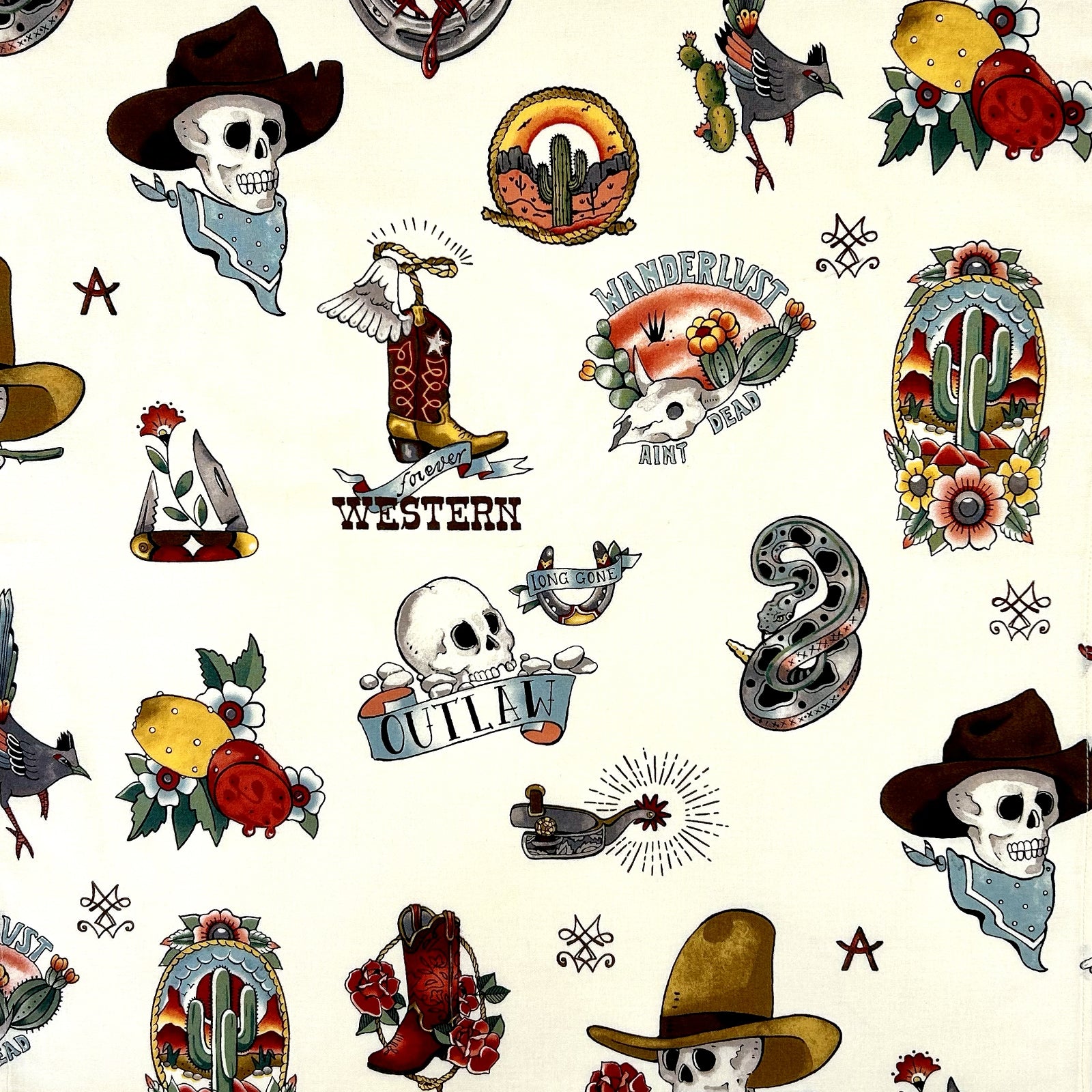 Cowboy Skulls Western Cotton Bandana in Natural - Rockmount