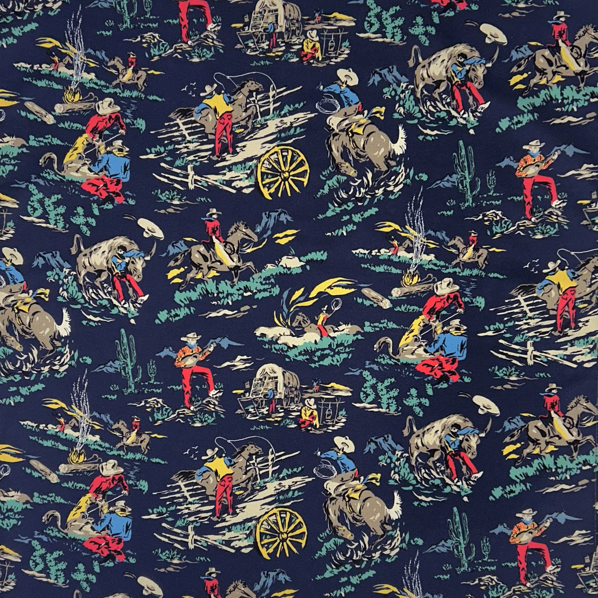 Broncs, Steers & Cowboys Print Western Cotton Bandana in Navy - Rockmount