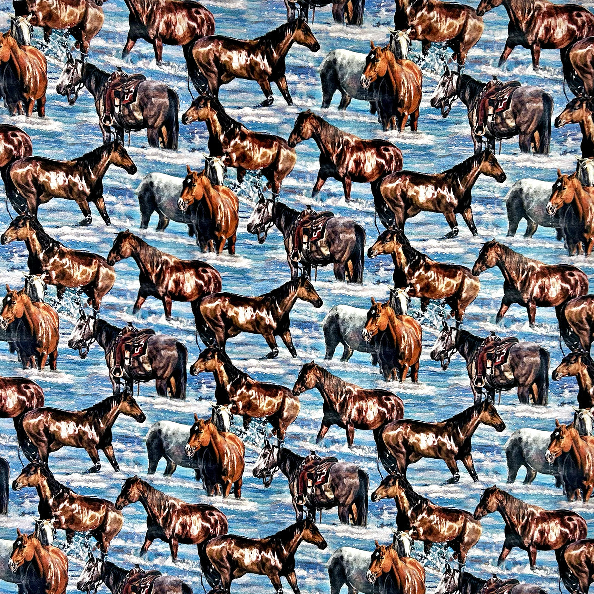 Horses in Water Western Cotton Bandana in Blue - Rockmount