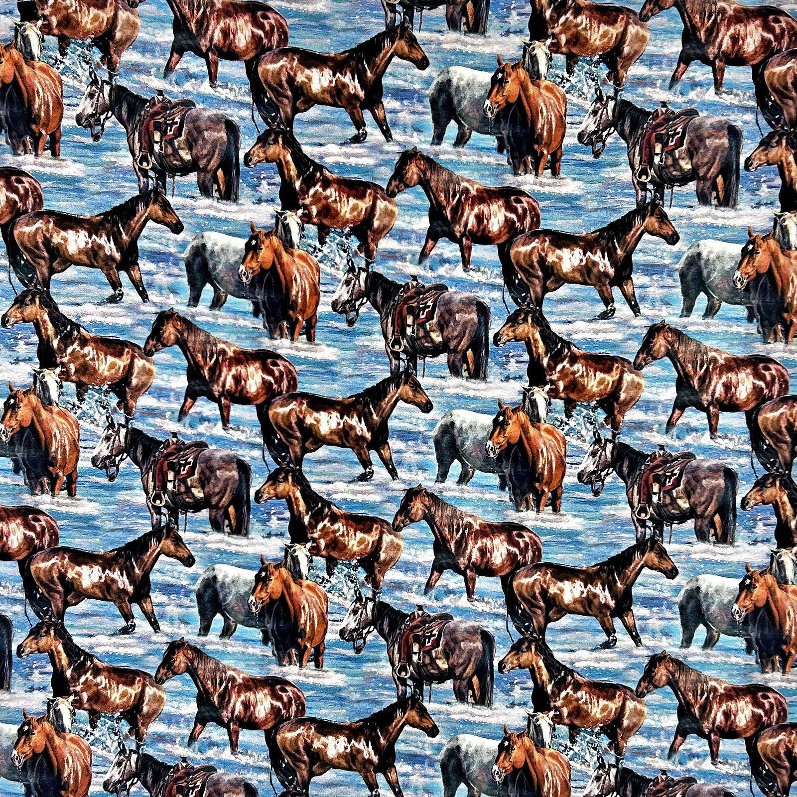 Horses in Water Western Cotton Bandana in Blue - Rockmount