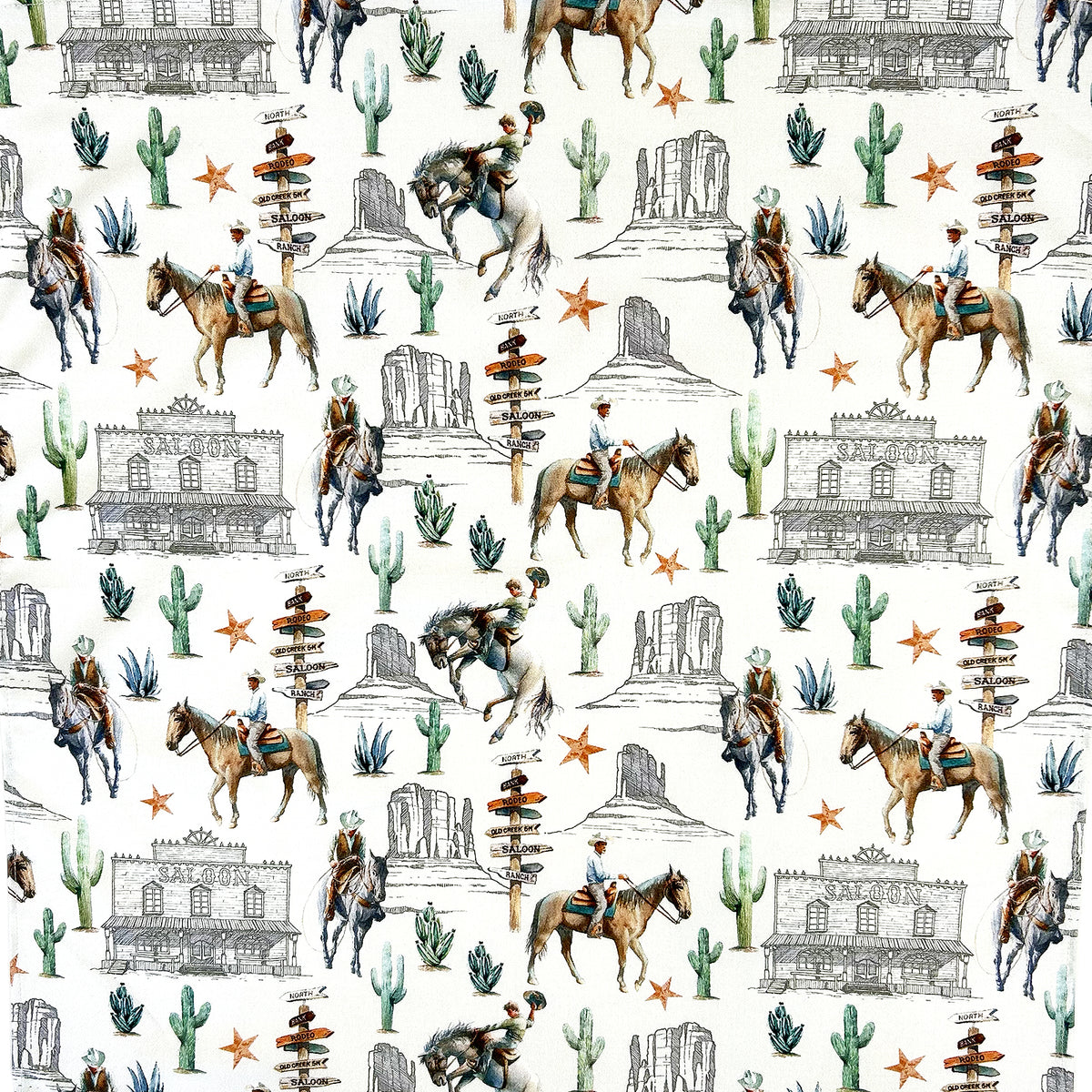 Cowboy Riders & Cactus Western Cotton Bandana in Ivory - Rockmount