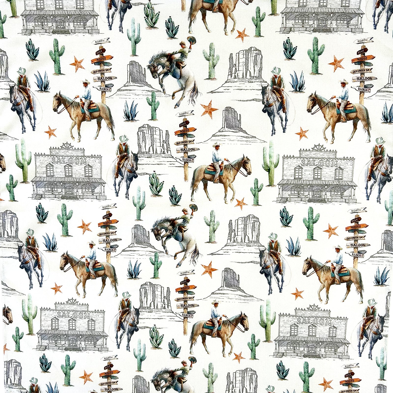 Cowboy Riders & Cactus Western Cotton Bandana in Ivory - Rockmount