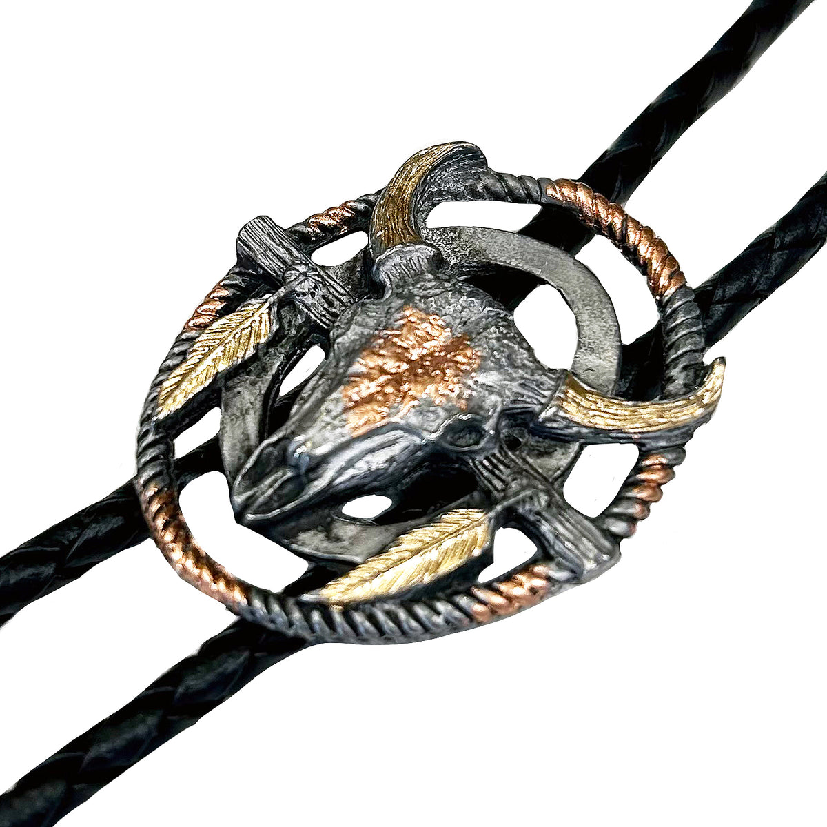 Tri-Color Steer Skull with Feathers Western Bolo Tie - Rockmount