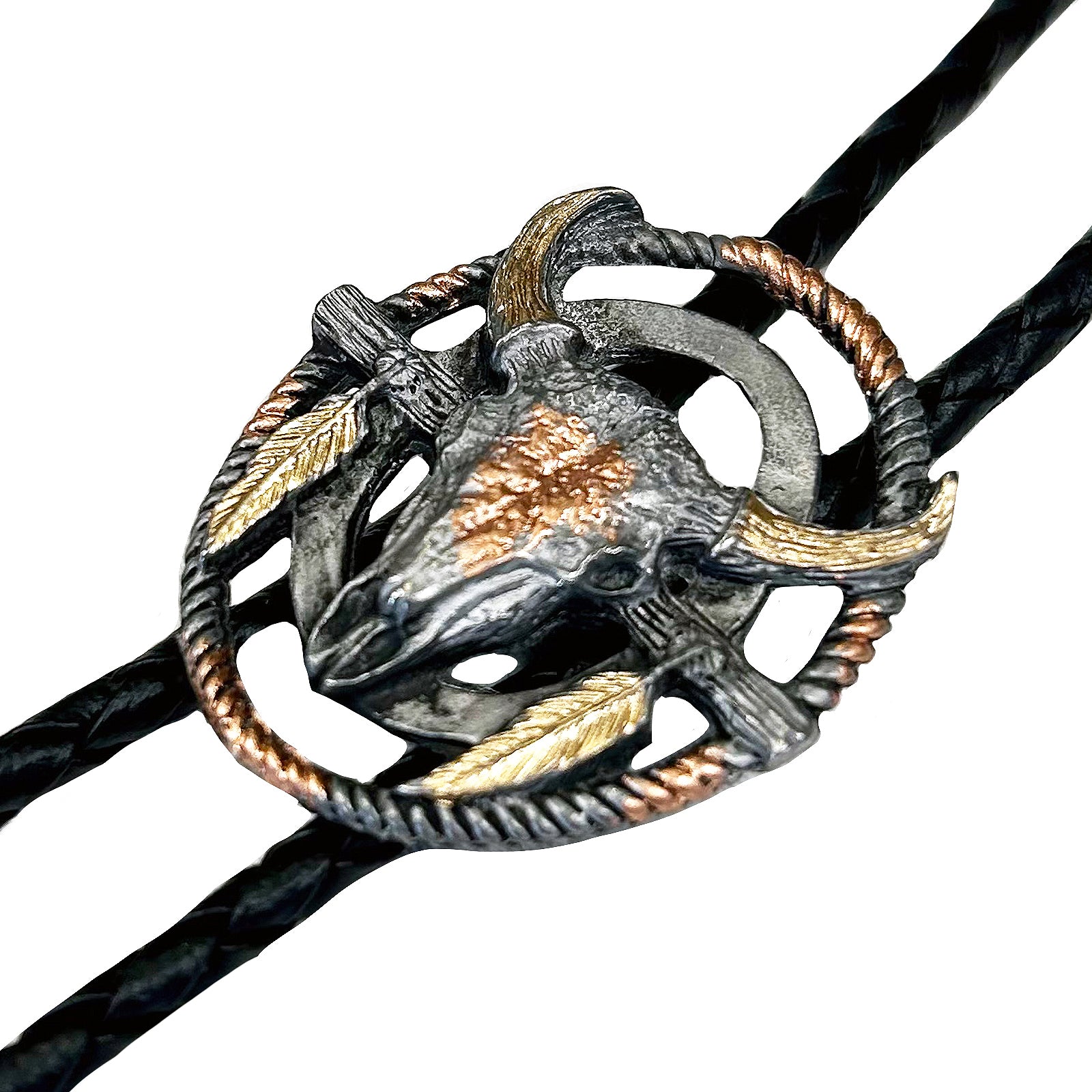 Tri-Color Steer Skull with Feathers Western Bolo Tie - Rockmount
