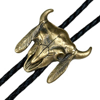 Brass Steer Skull with Feathers Western Bolo Tie - Rockmount