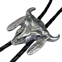 Pewter Steer Skull with Feathers Western Bolo Tie