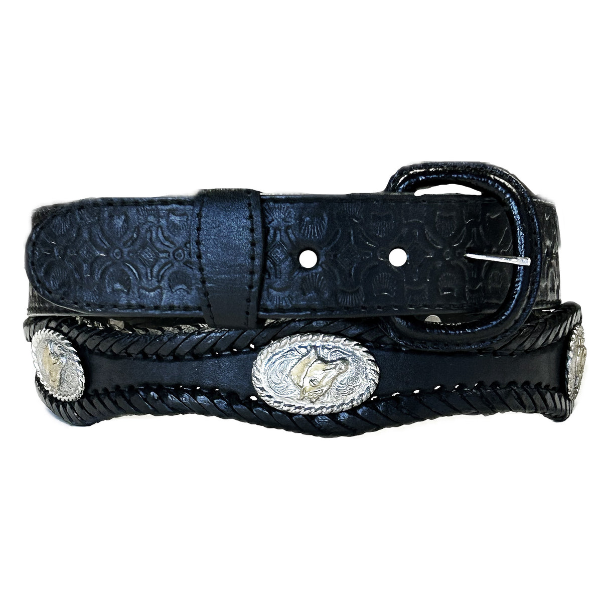 Black Leather Western Tooled Belt Scallop Laced Edge & Conchos - SPECIAL PRICE - Rockmount