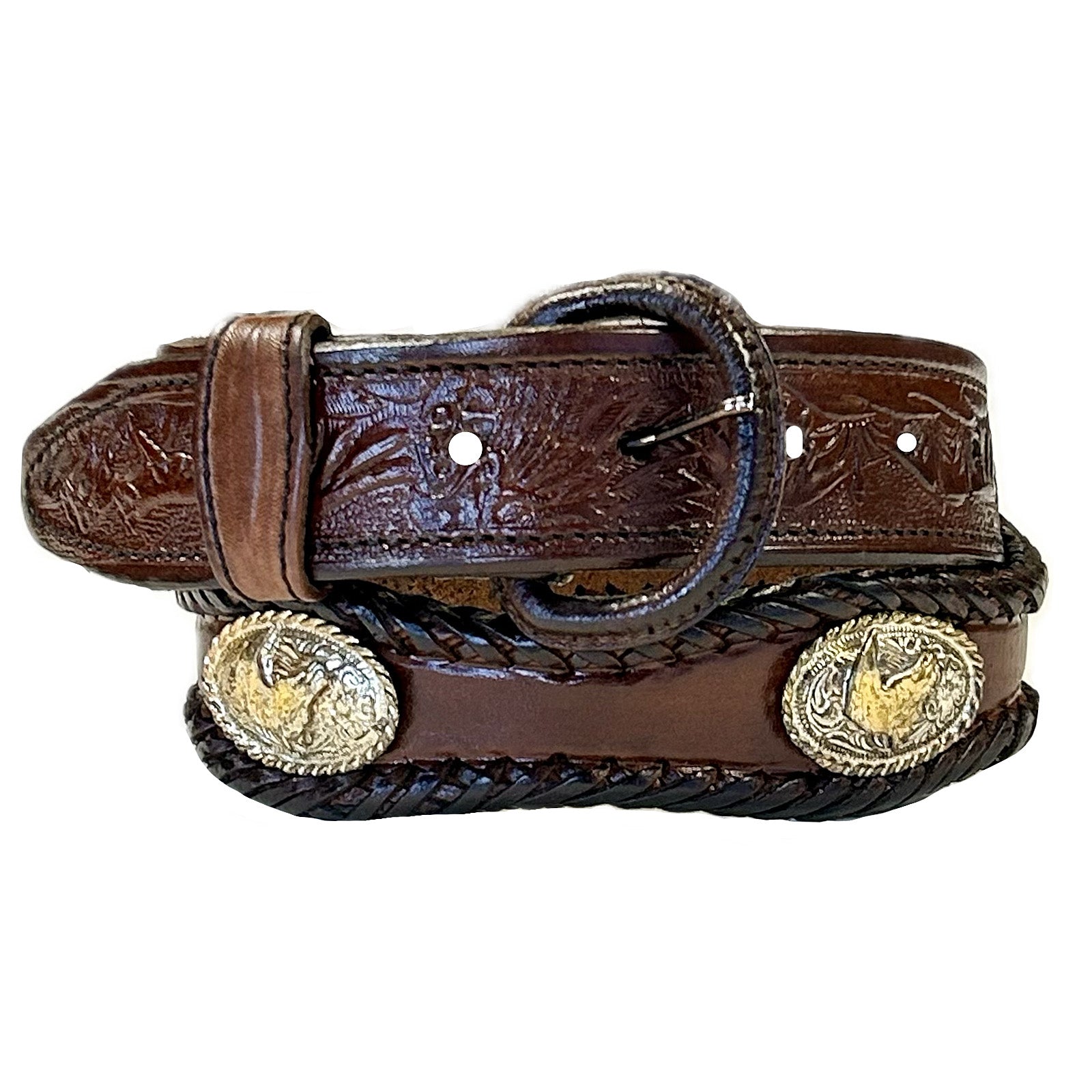 Brown Leather Western Tooled Belt Scallop Laced Edge & Conchos - SPECIAL PRICE - Rockmount