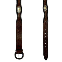 Brown Leather Western Tooled Belt Scallop Laced Edge & Conchos - SPECIAL PRICE - Rockmount