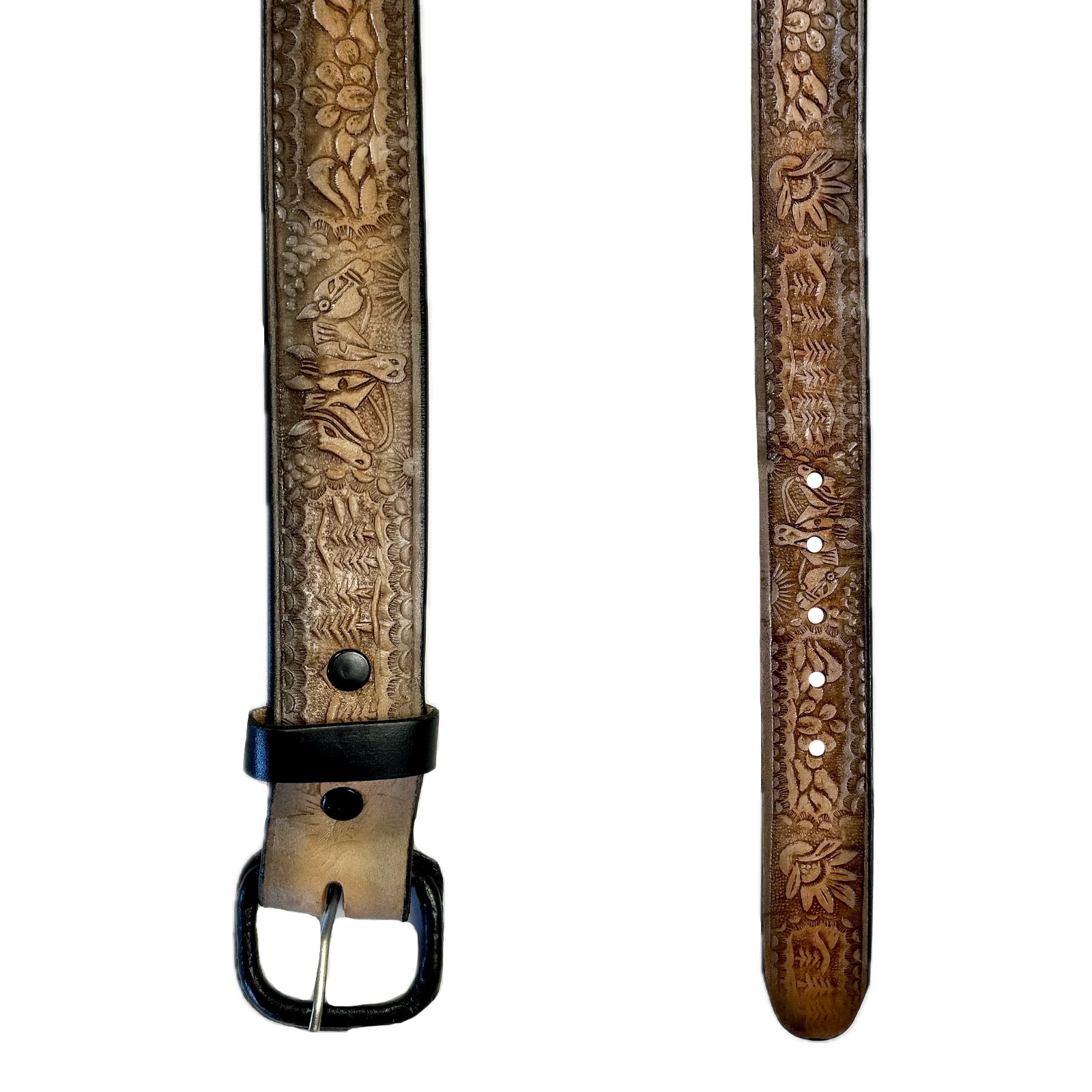 Brown/Tan 2-Tone Horse Tooled Leather Laced Western Belt - SPECIAL PRICE - Rockmount