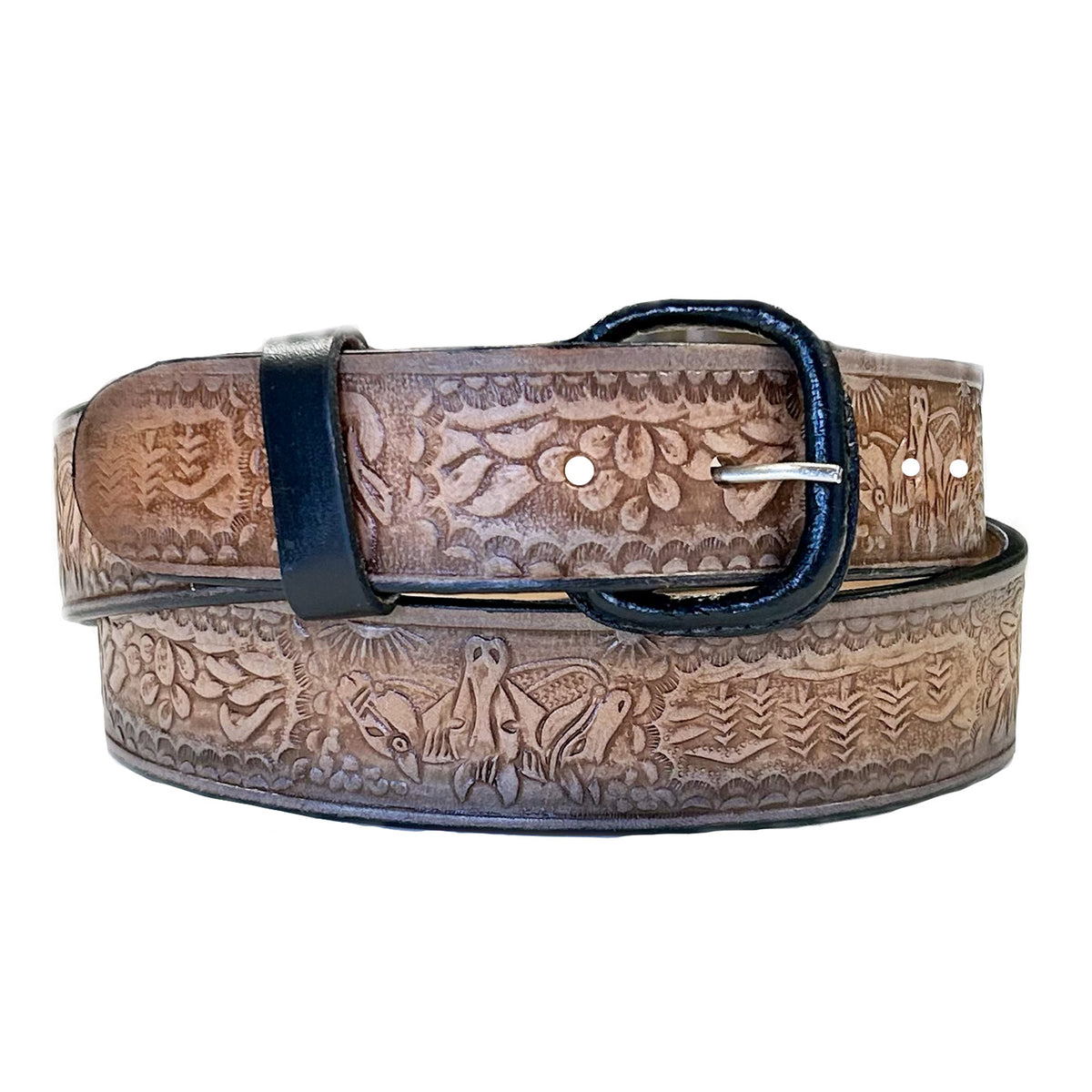 Brown/Tan 2-Tone Horse Tooled Leather Laced Western Belt - SPECIAL PRICE - Rockmount