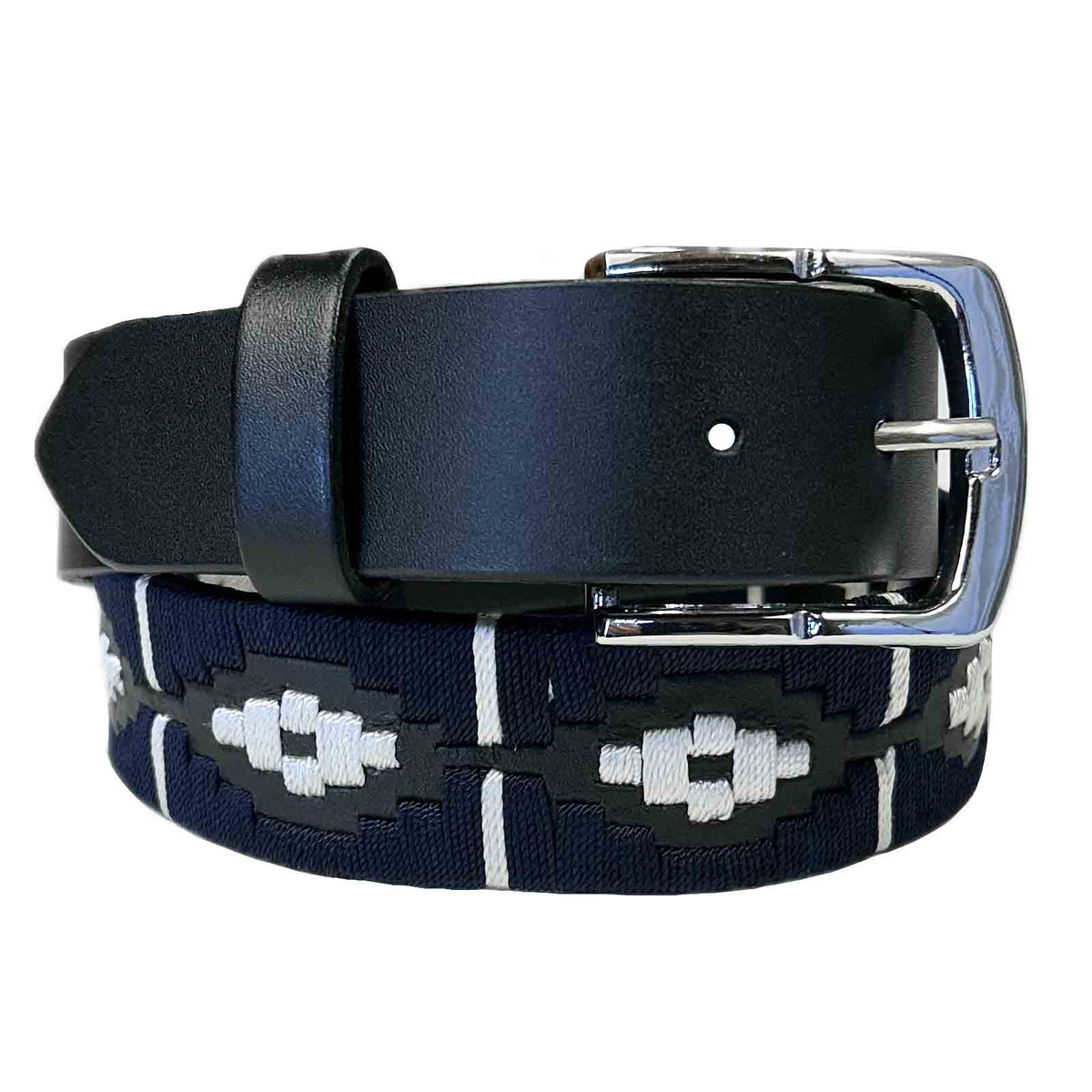 Black Leather Western Belt with Navy Polo Embroidery - Rockmount