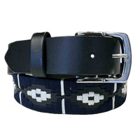 Black Leather Western Belt with Navy Polo Embroidery - Rockmount