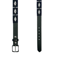 Black Leather Western Belt with Navy Polo Embroidery - Rockmount
