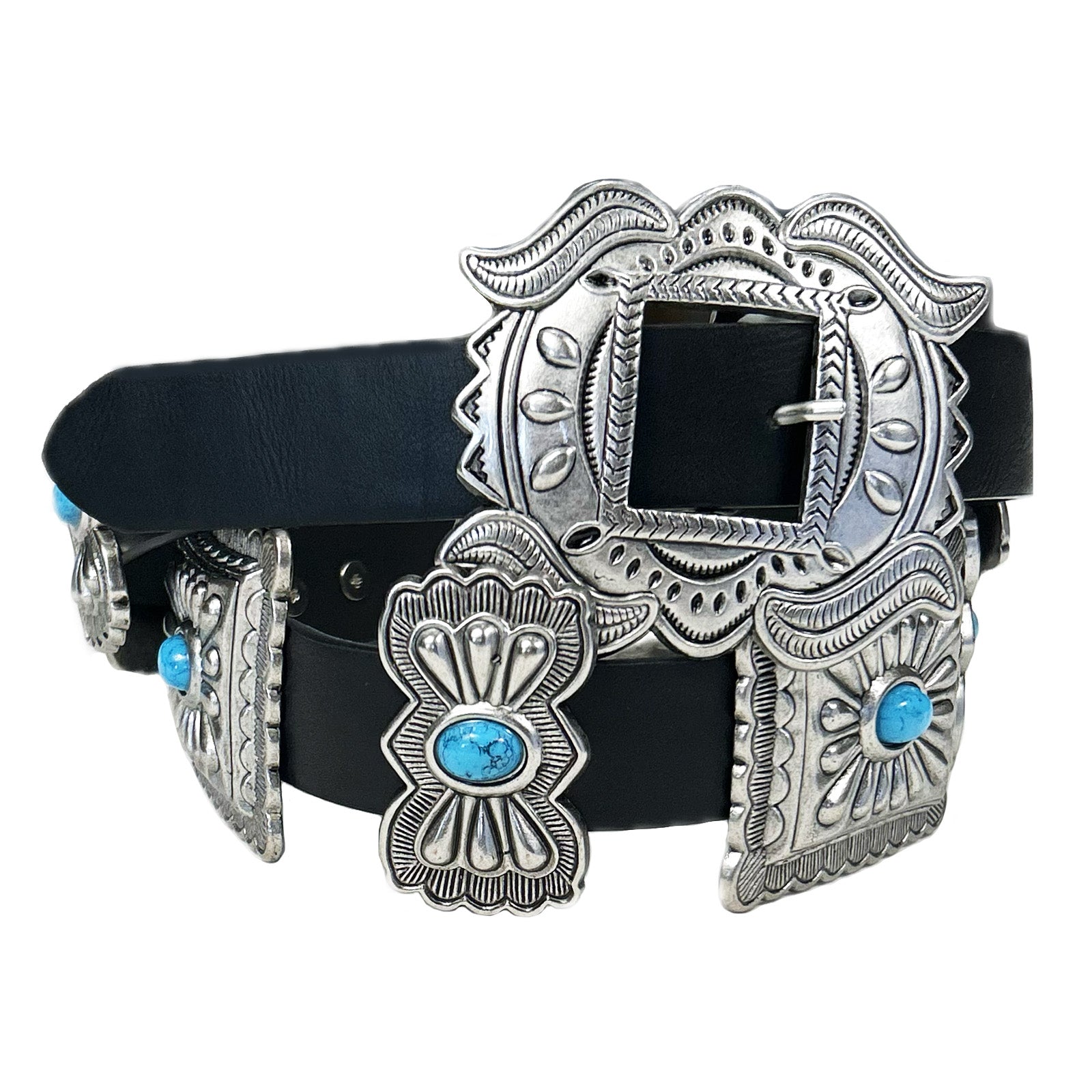 Black Leather Belt with Rectangle Conchos and Butterfly Buckle