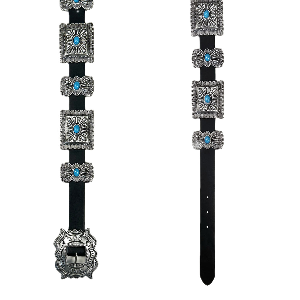 Black Leather Belt with Rectangle Conchos and Butterfly Buckle