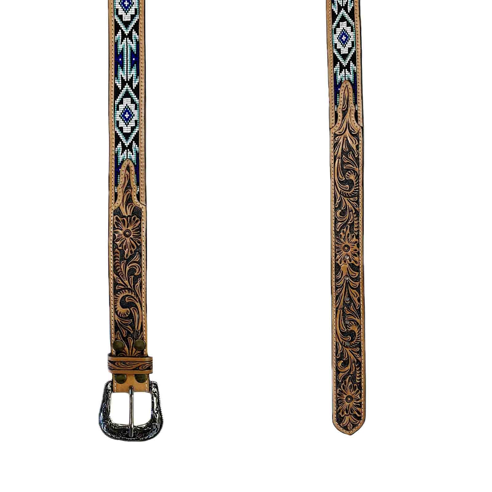 Heavy Duty Brown Tooled Leather Western Belt with Blue & White Native Pattern Beaded Inlay