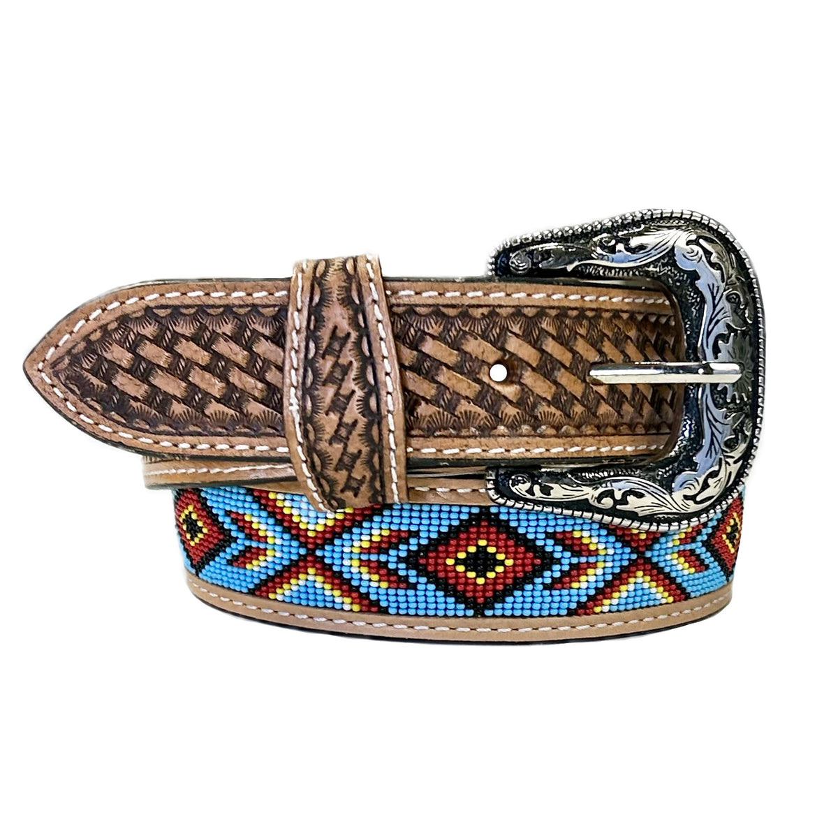 Heavy Duty Brown Tooled Leather Western Belt with Blue & Red Native Pattern Beaded Inlay - Rockmount