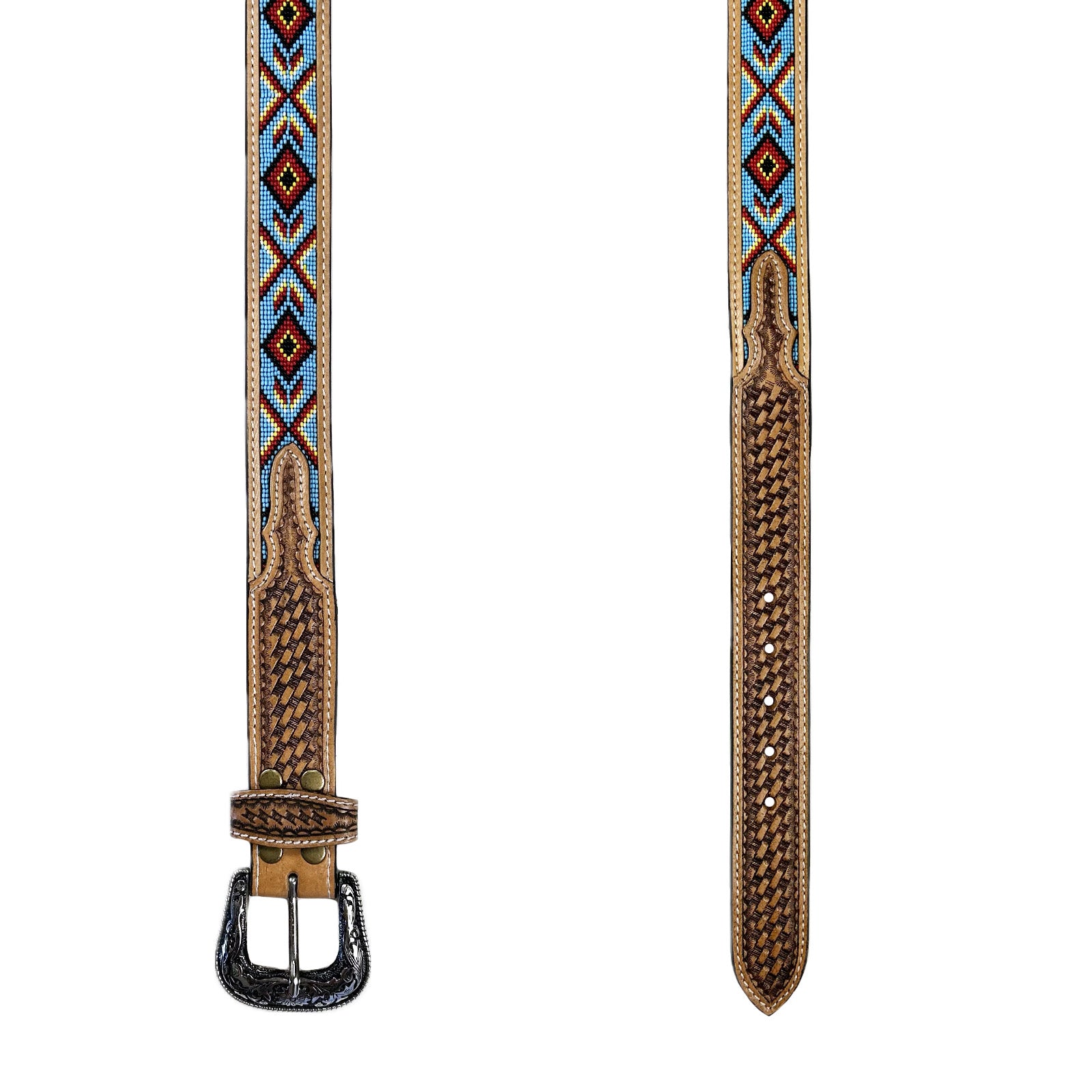 Heavy Duty Brown Tooled Leather Western Belt with Blue & Red Native Pattern Beaded Inlay - Rockmount
