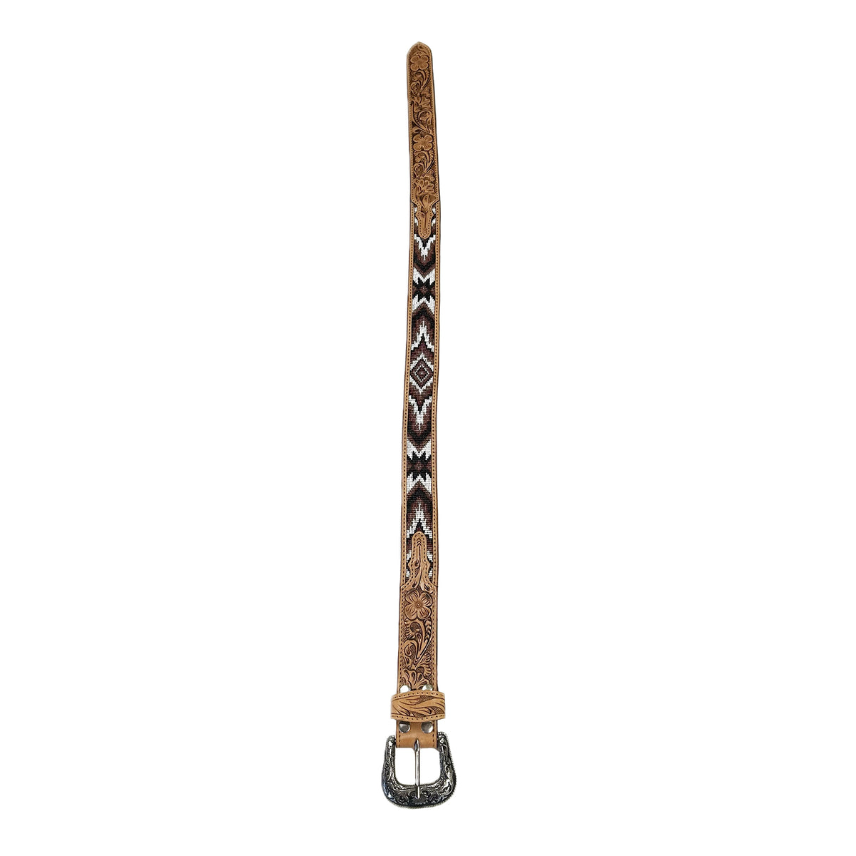 Heavy Duty Brown Tooled Leather Western Belt with Brown & White Native Pattern Beaded Inlay
