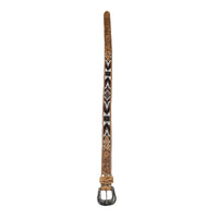Heavy Duty Brown Tooled Leather Western Belt with Brown & White Native Pattern Beaded Inlay
