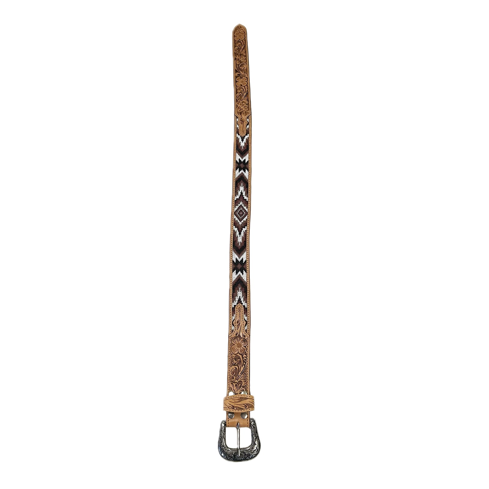 Heavy Duty Brown Tooled Leather Western Belt with Brown & White Native Pattern Beaded Inlay