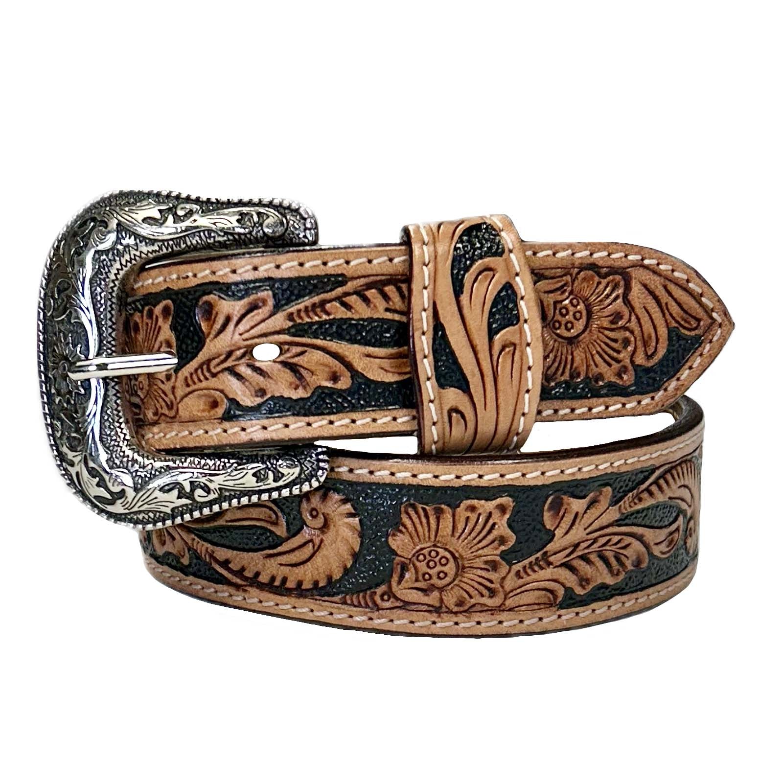 Heavy Duty Brown Tooled Leather Western Belt - Rockmount