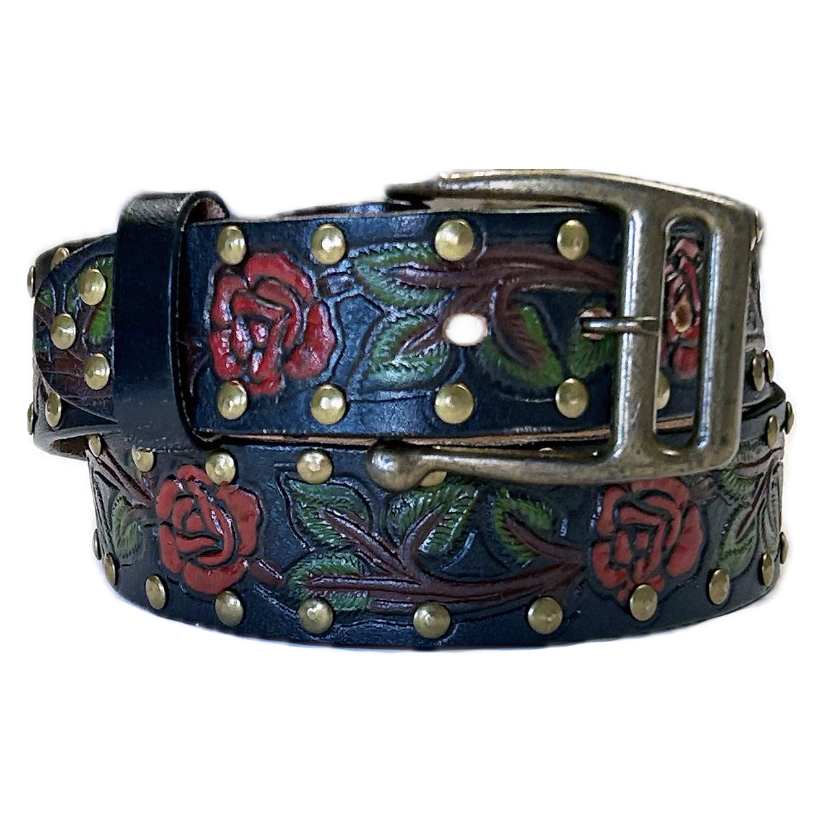 Black Tooled Genuine Leather Western Belt with Red Roses - Rockmount