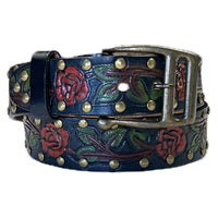 Black Tooled Genuine Leather Western Belt with Red Roses - Rockmount