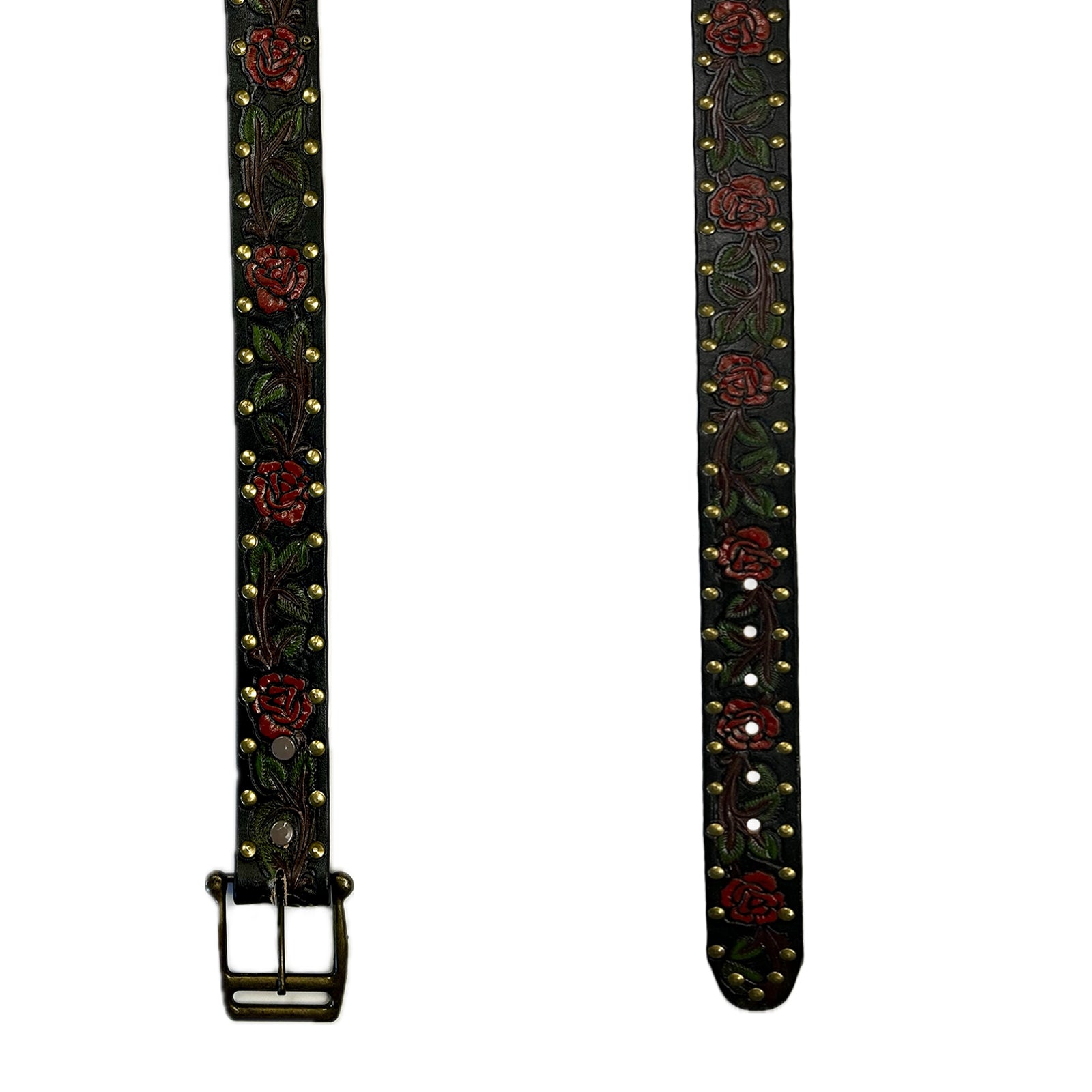 Black Tooled Genuine Leather Western Belt with Red Roses - Rockmount