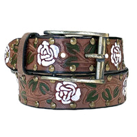 Brown Tooled Genuine Leather Western Belt with White Roses