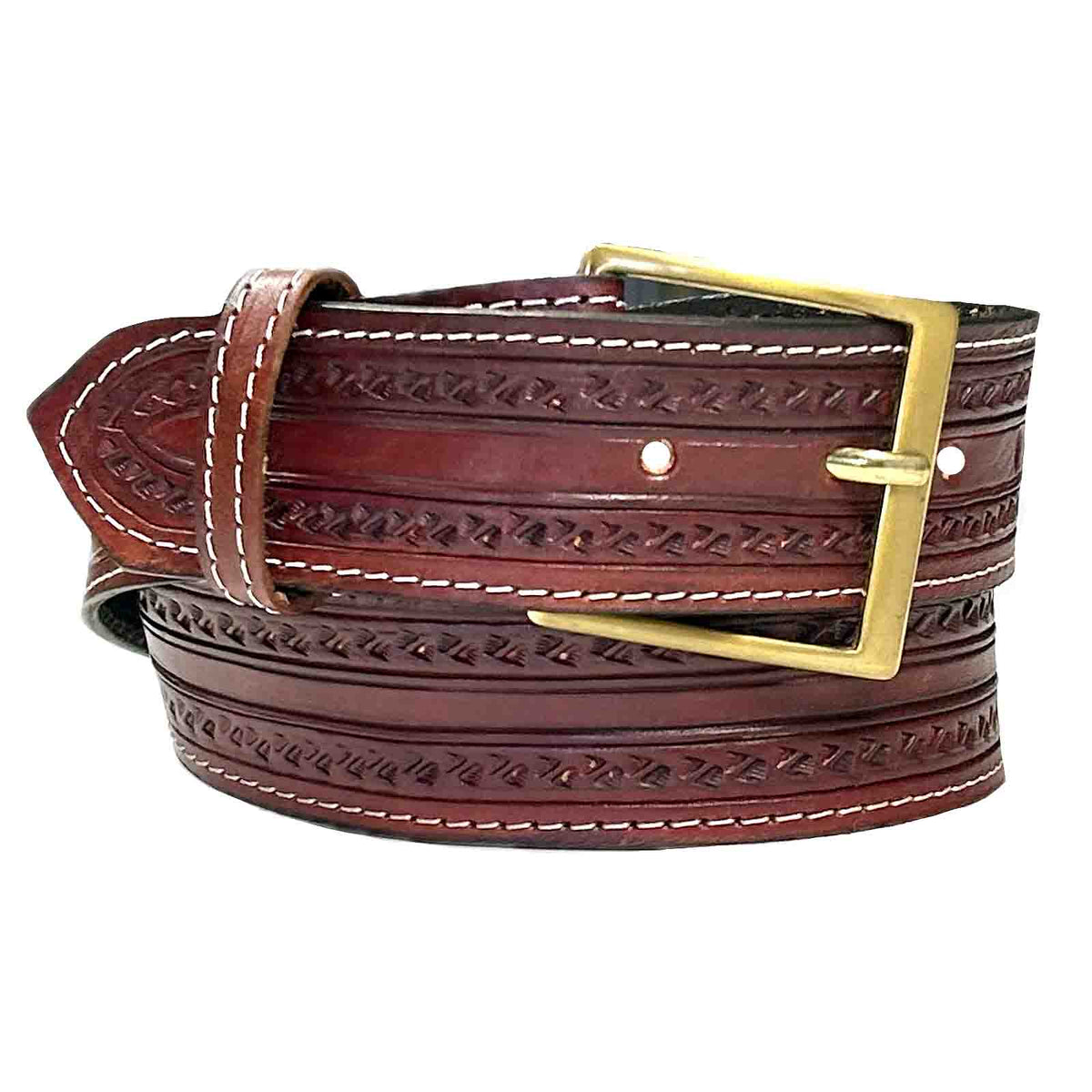 Burgundy Tooled Check Pattern Genuine Leather Western Belt - Rockmount
