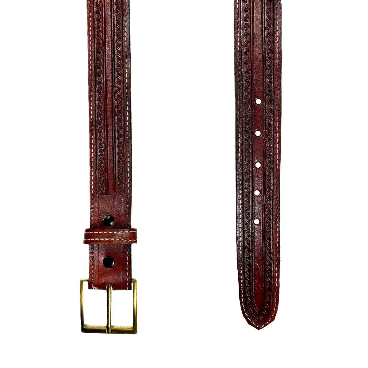 Burgundy Tooled Check Pattern Genuine Leather Western Belt - Rockmount