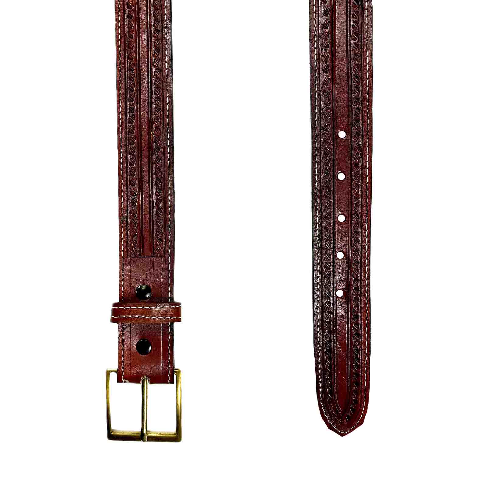 Burgundy Tooled Check Pattern Genuine Leather Western Belt - Rockmount