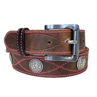 Brown Harness Leather with Conchos & Pink Figure 8 Stitching Western Belt - Rockmount