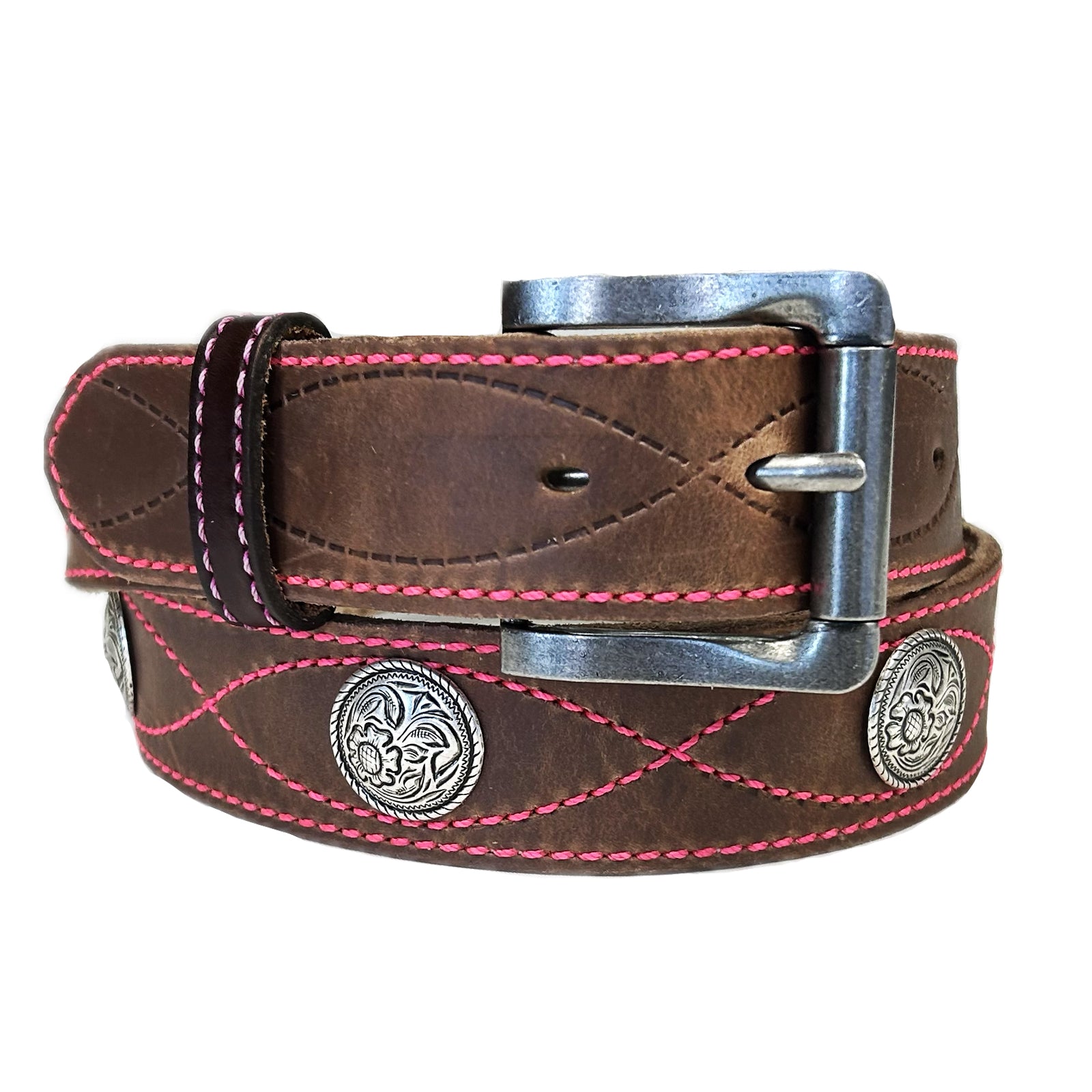 Brown Harness Leather with Conchos & Pink Figure 8 Stitching Western Belt - Rockmount