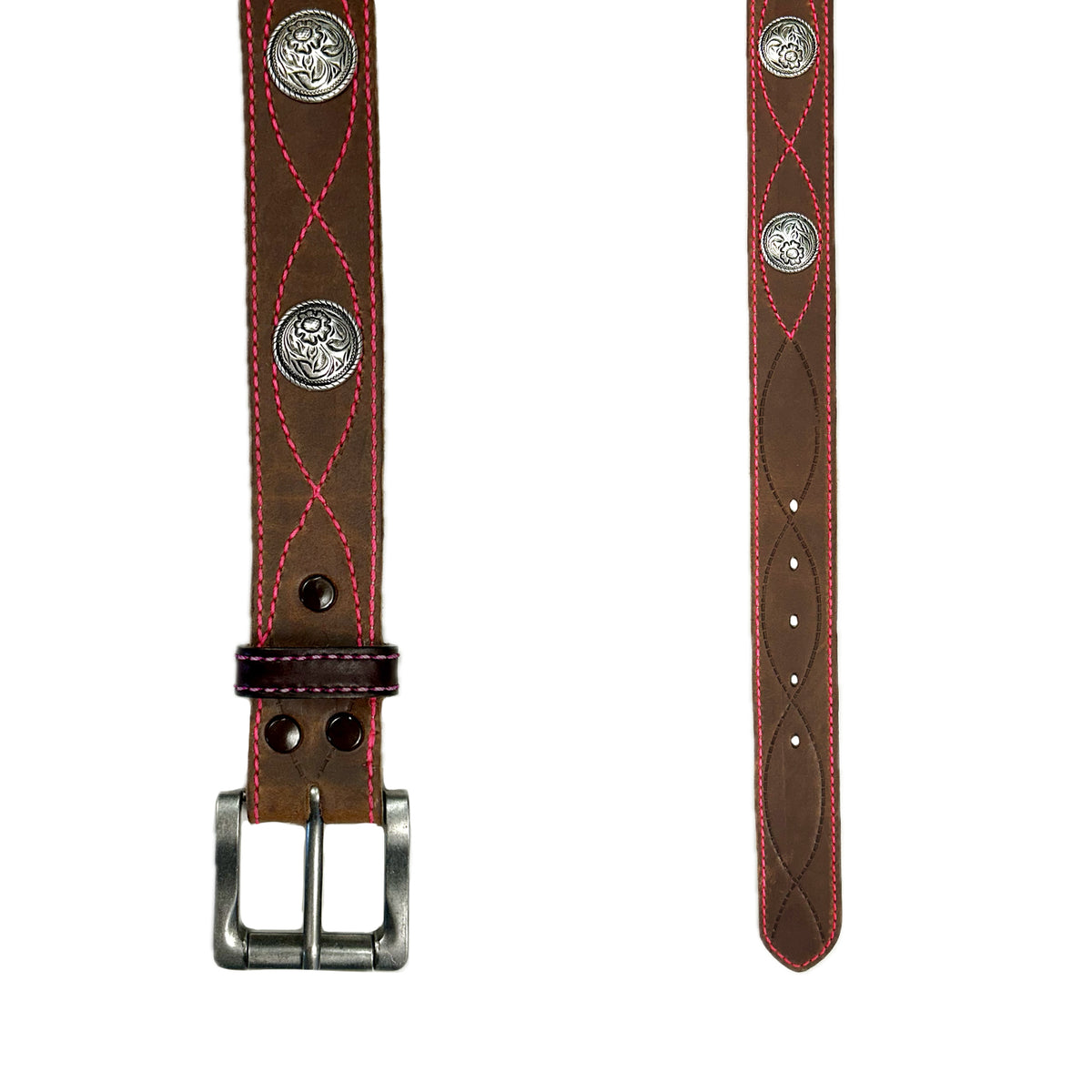 Brown Harness Leather with Conchos & Pink Figure 8 Stitching Western Belt - Rockmount