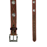 Brown Harness Leather with Conchos & Pink Figure 8 Stitching Western Belt - Rockmount