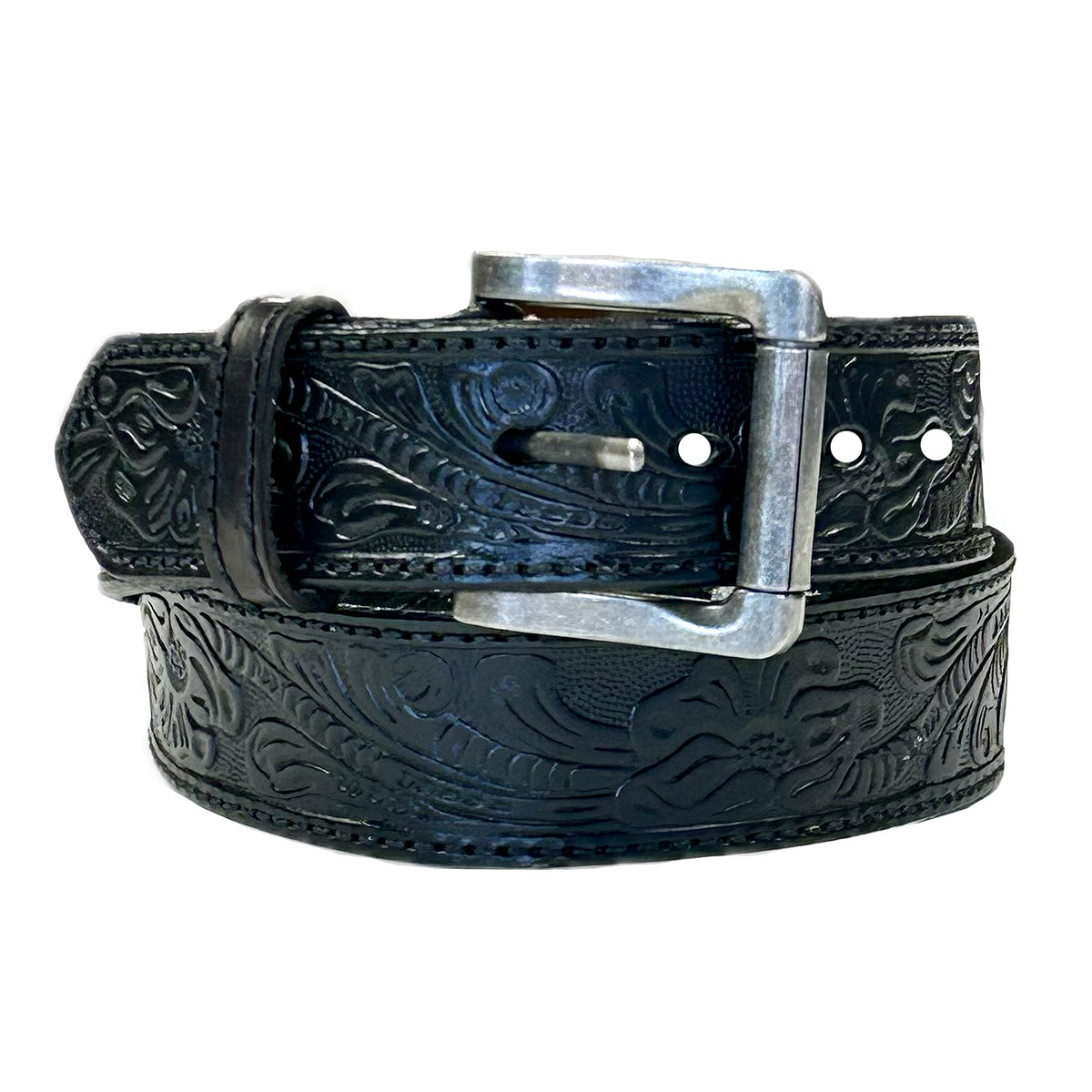Leaf Tooling Trip Stitch Genuine Black Leather Western Belt - Rockmount