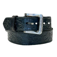 Leaf Tooling Trip Stitch Genuine Black Leather Western Belt - Rockmount