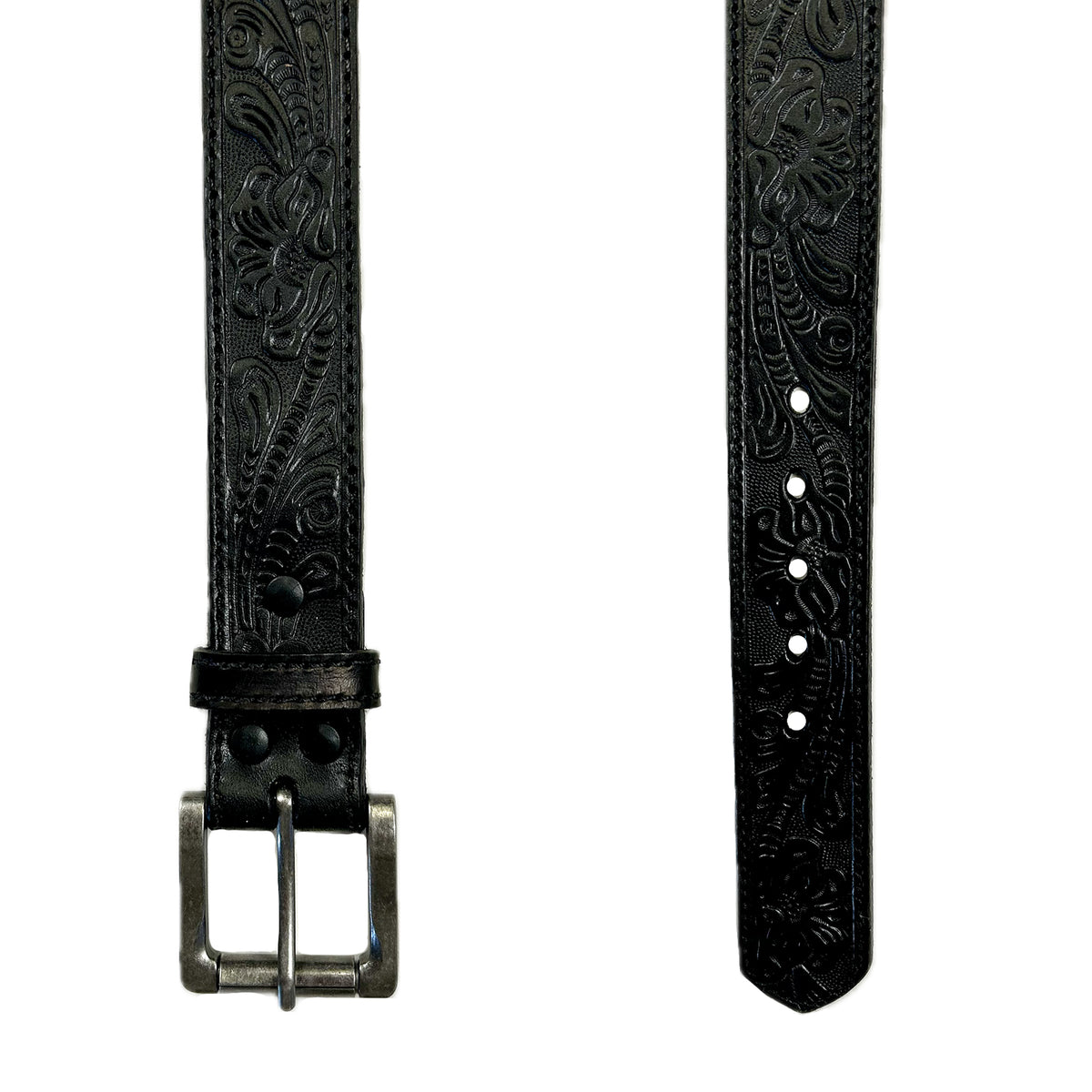 Leaf Tooling Trip Stitch Genuine Black Leather Western Belt - Rockmount