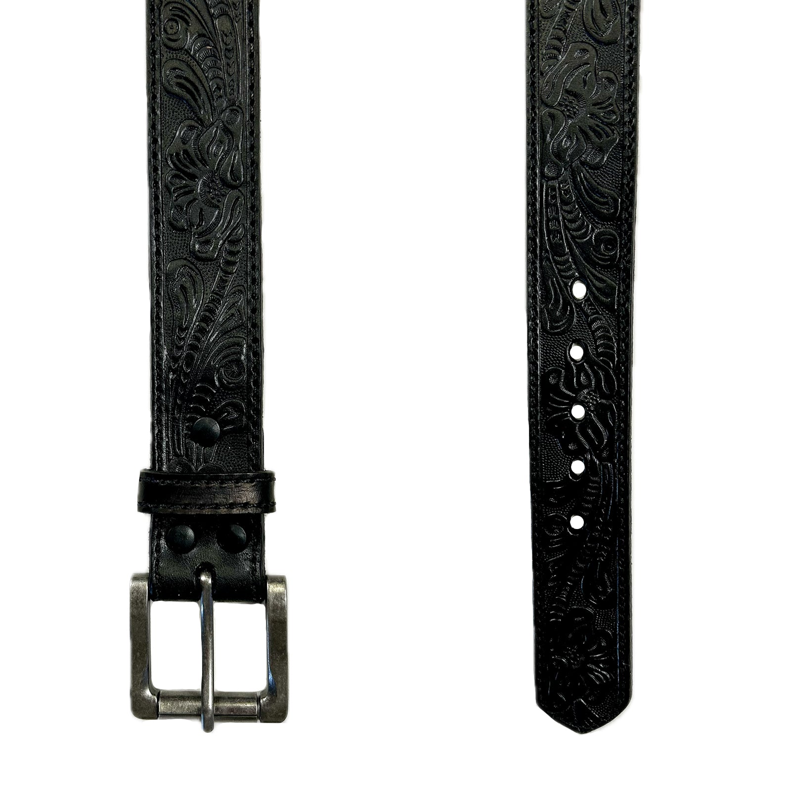 Leaf Tooling Trip Stitch Genuine Black Leather Western Belt - Rockmount