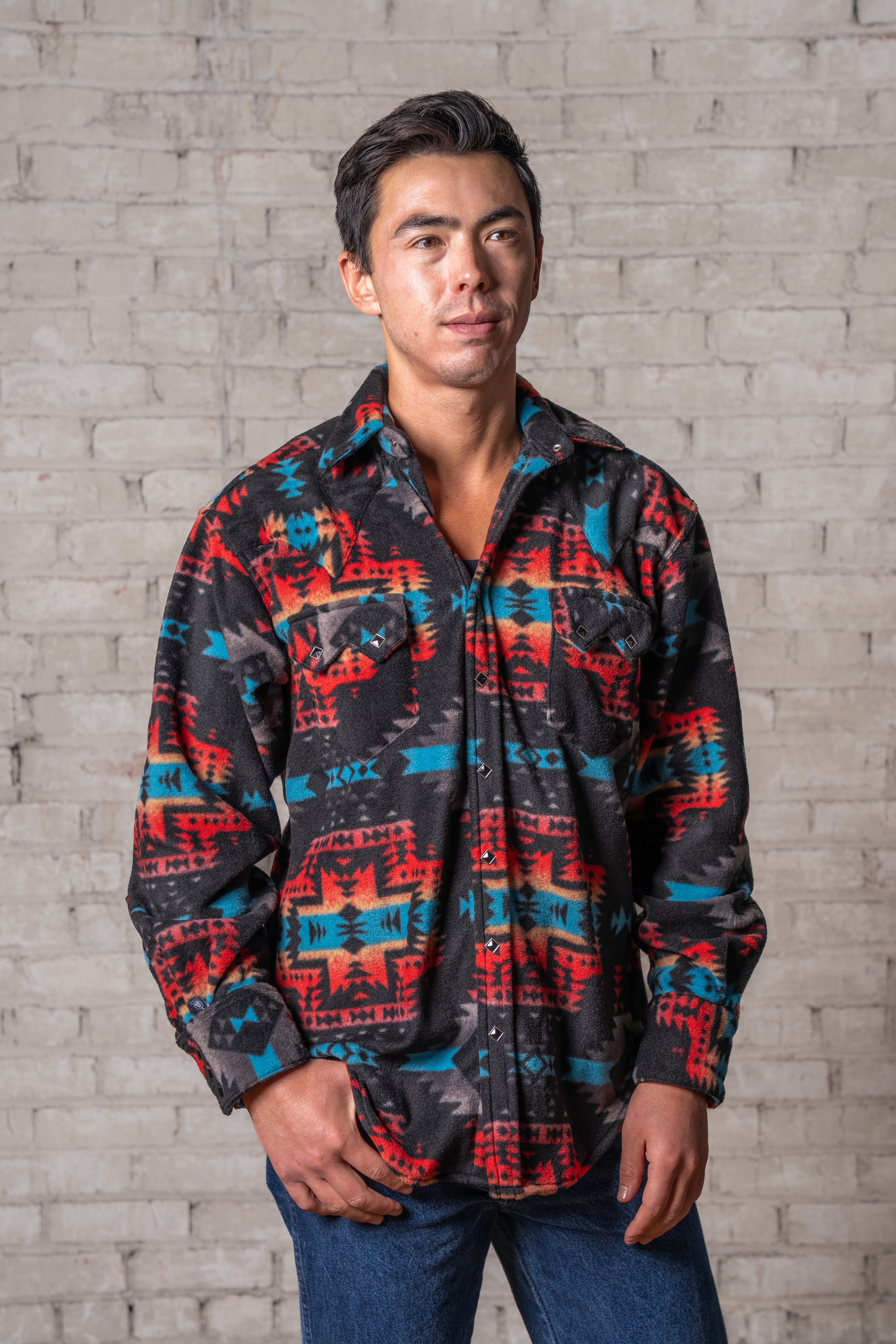 Men's Native Pattern Fleece Western Shirt in Black