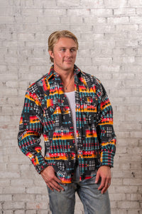 Men's Native American Inspired Pattern Fleece Western Shirt in Black & Red