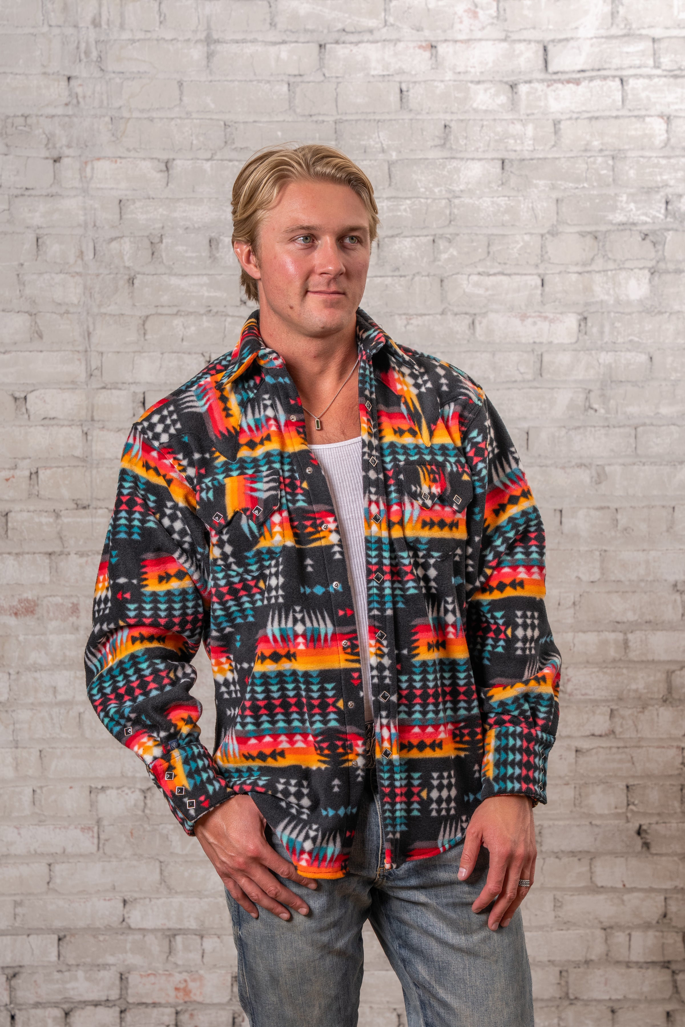 Men's Native American Inspired Pattern Fleece Western Shirt in Black & Red