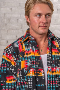 Men's Native American Inspired Pattern Fleece Western Shirt in Black & Red