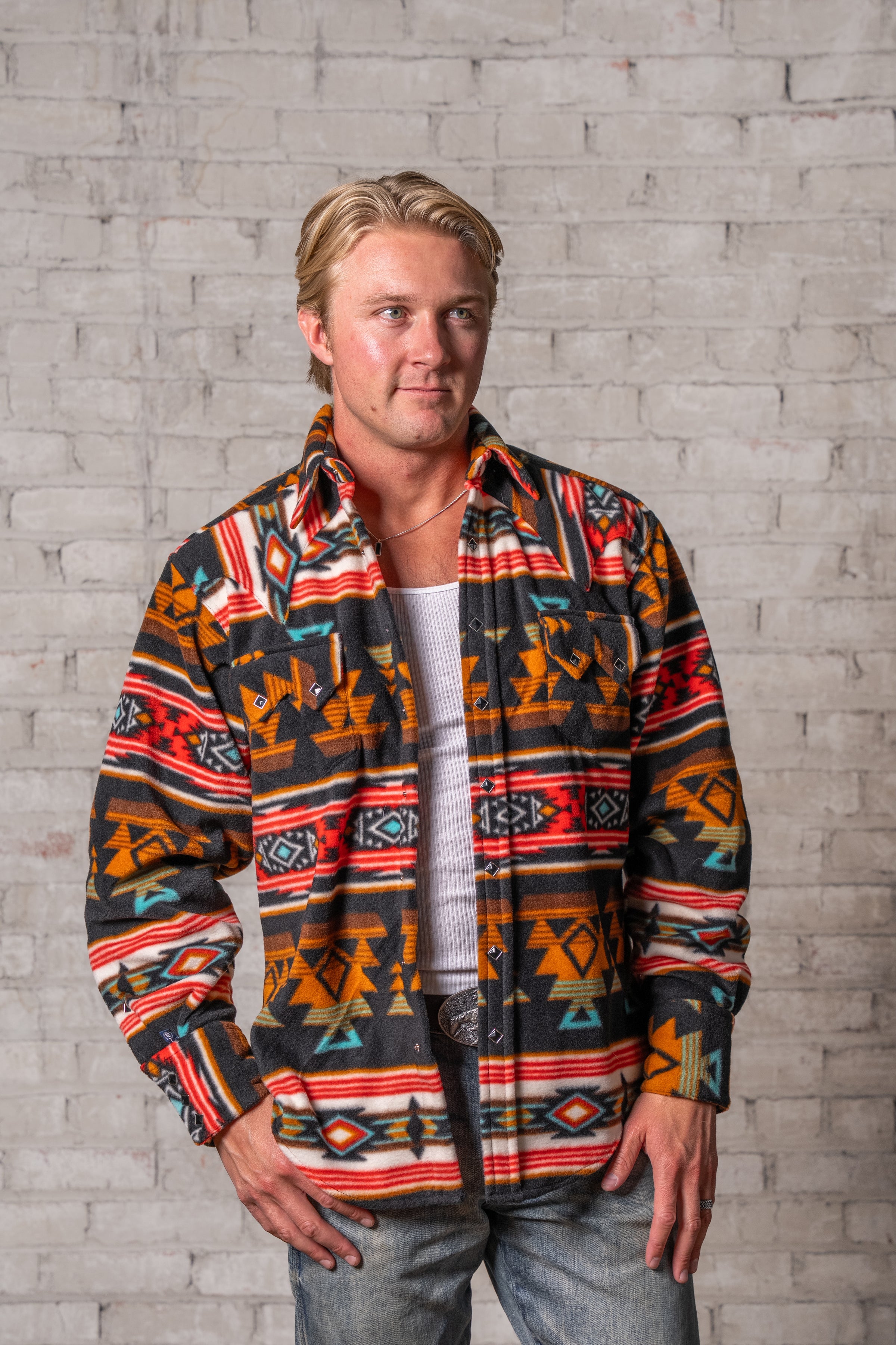 Men's Native American Inspired Pattern Fleece Western Shirt in Black & Rust